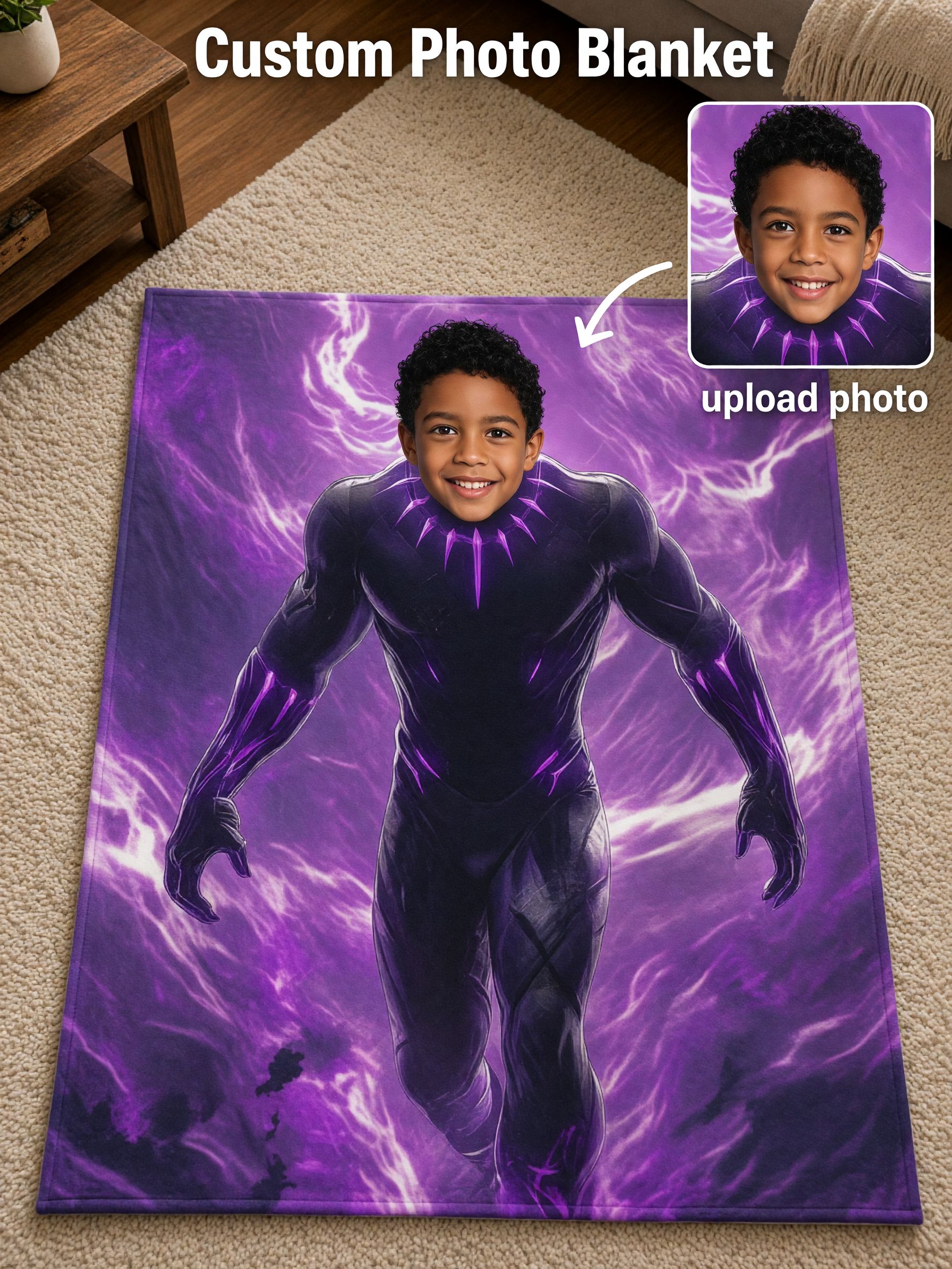 Personalized Superhero Photo Face Blanket, Ultra Soft Flannel Fleece Throw, Cozy Custom Gift for Kids and Teens