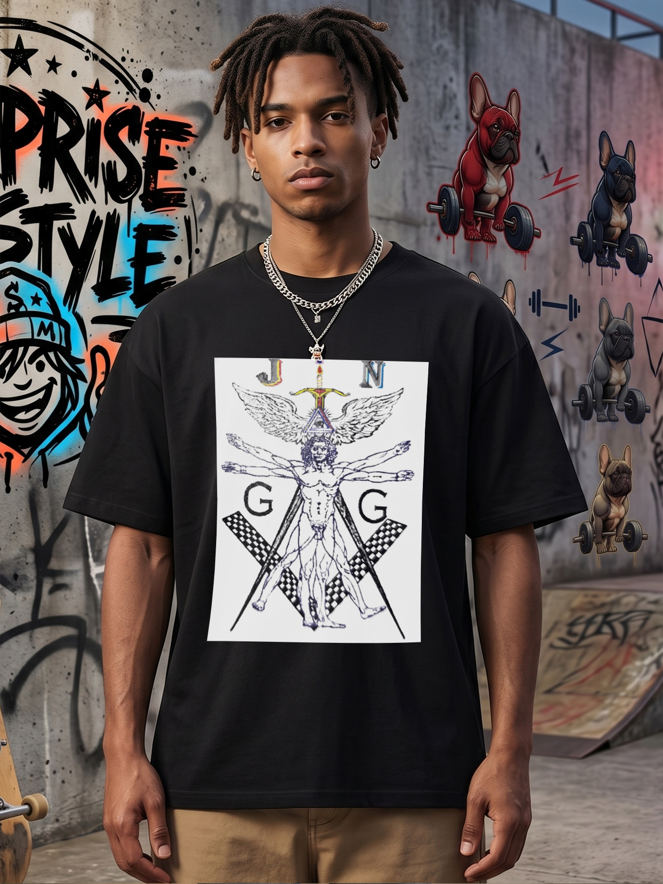 Men's Printed T-Shirt with Vitruvian Man Wings Sword Symbol Graphic Design Casual Round Neck Lightweight Breathable Summer Short Sleeve T-Shirt for Fashion-forward Adults and Art Enthusiasts