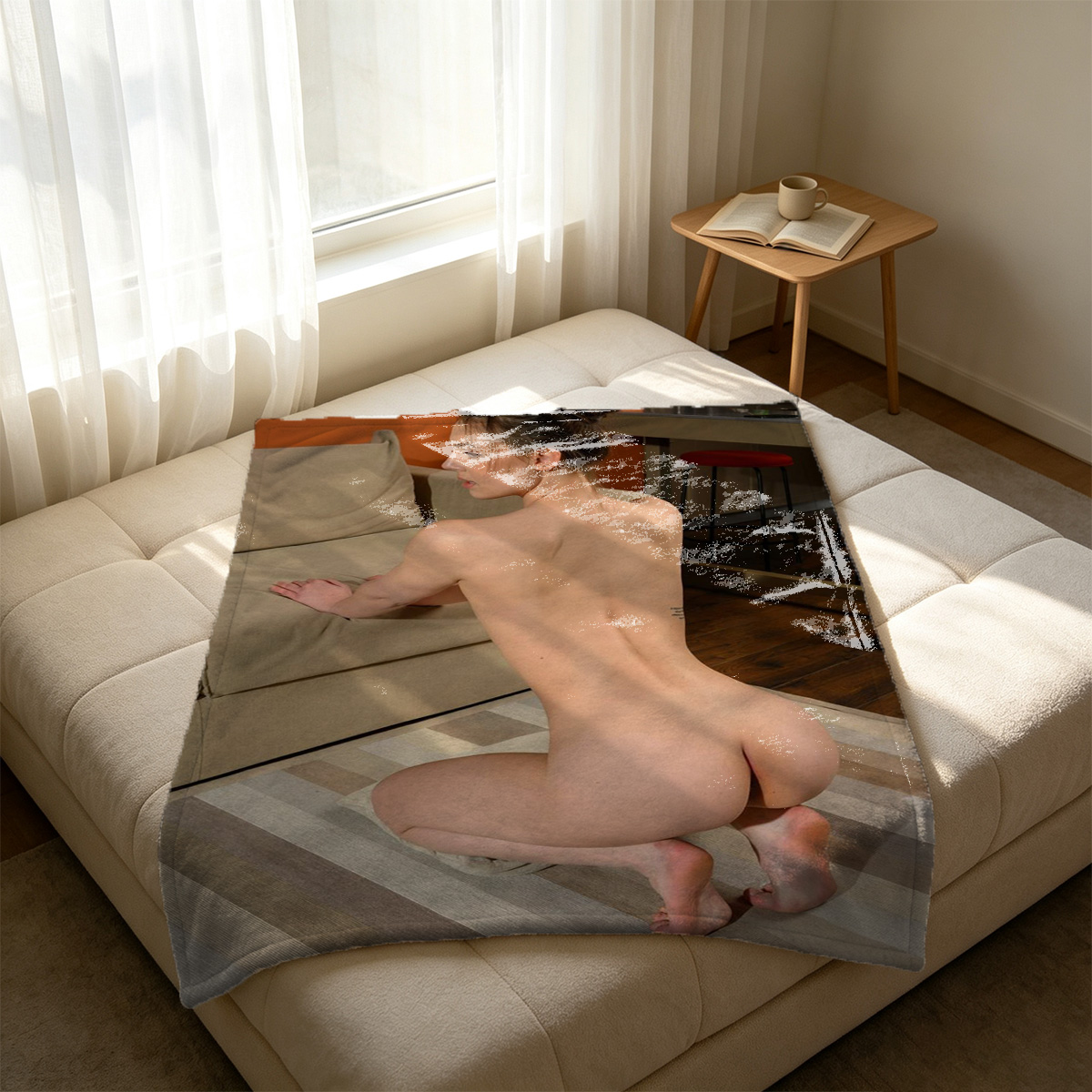 Two Lesbians in Bed: Blonde in Black Bodysuit Kissing Brunette in White Shirt and Stockings - Blanket