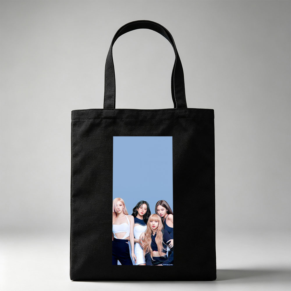 BLACKPINK Group Portrait - Four Members in Stylish Outfits Against Blue Background - Canvas tote bags