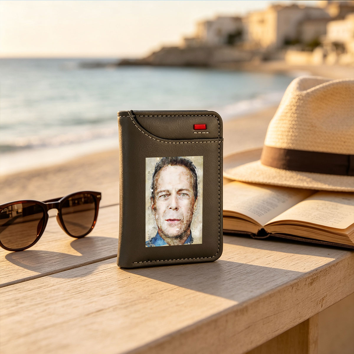 Portrait of a man with artistic watercolor effect and text background - Vertical Style Wallet