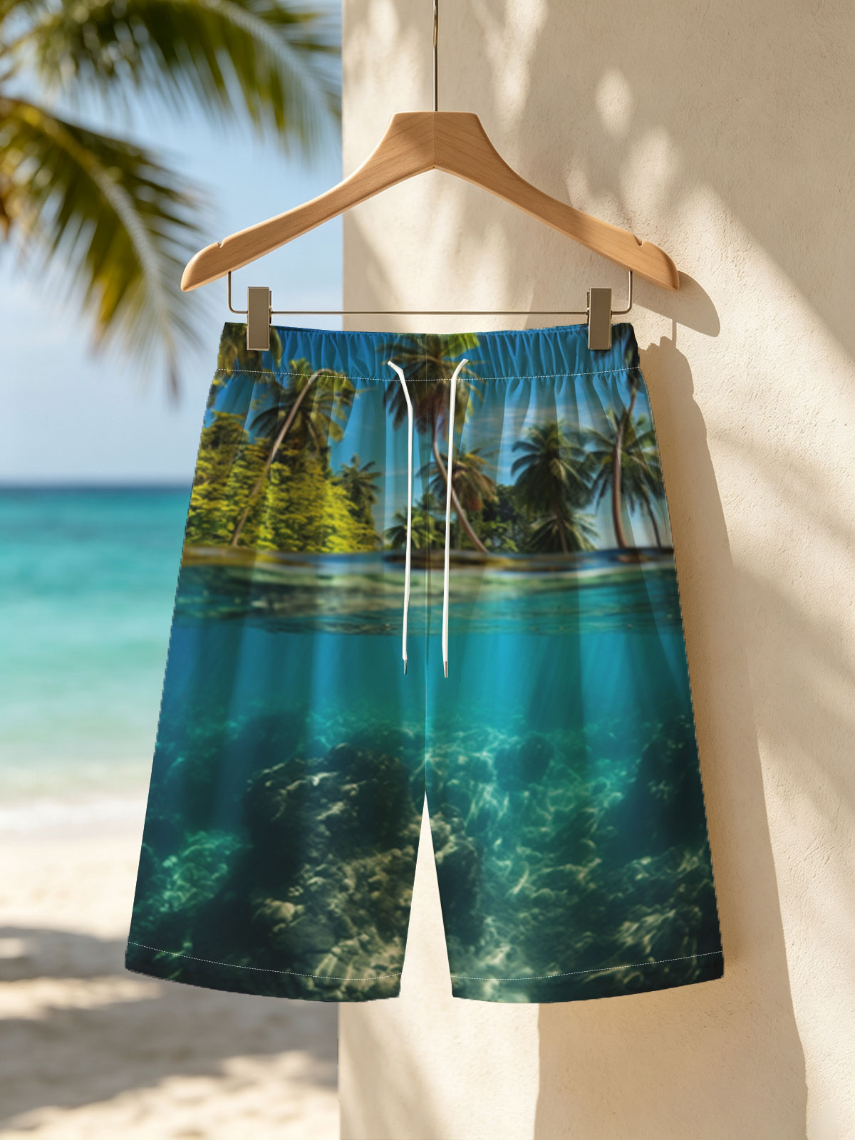 Tropical Paradise: Palm Trees and Coral Reef Underwater -  Beach shorts