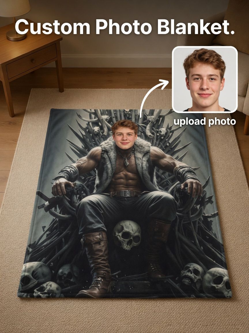Custom Photo Face Flannel Blanket, Personalized Fantasy Warrior Throw, Soft Fleece Cover, Unique Novelty Gift