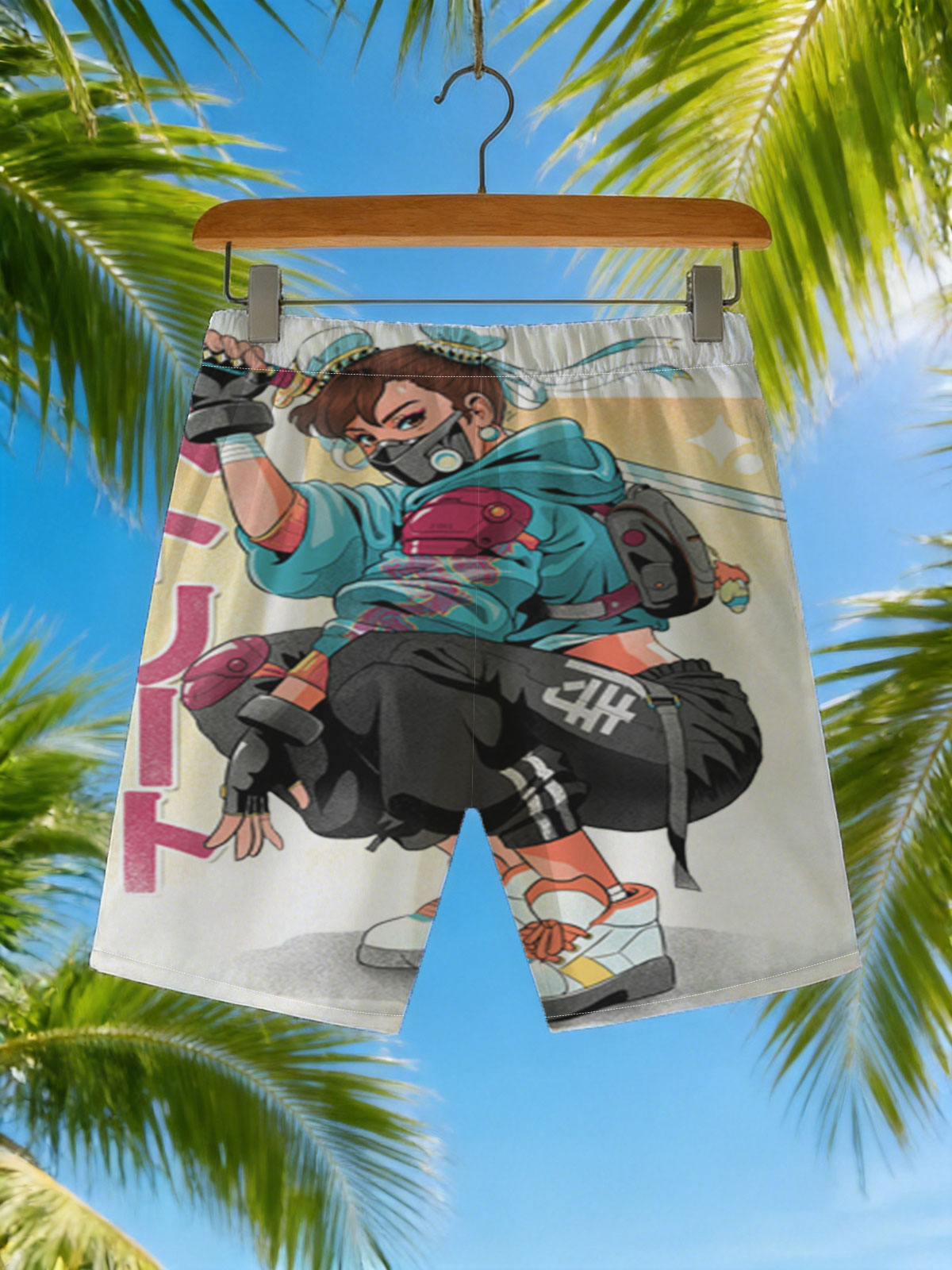 Street Fighter Character in Urban Combat Gear with Katana and Mask -  Beach shorts