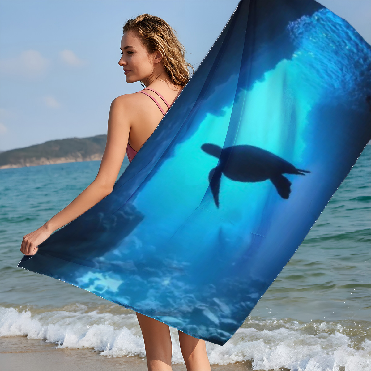 Sea turtle glides through a sunlit underwater cave. - Beach towels