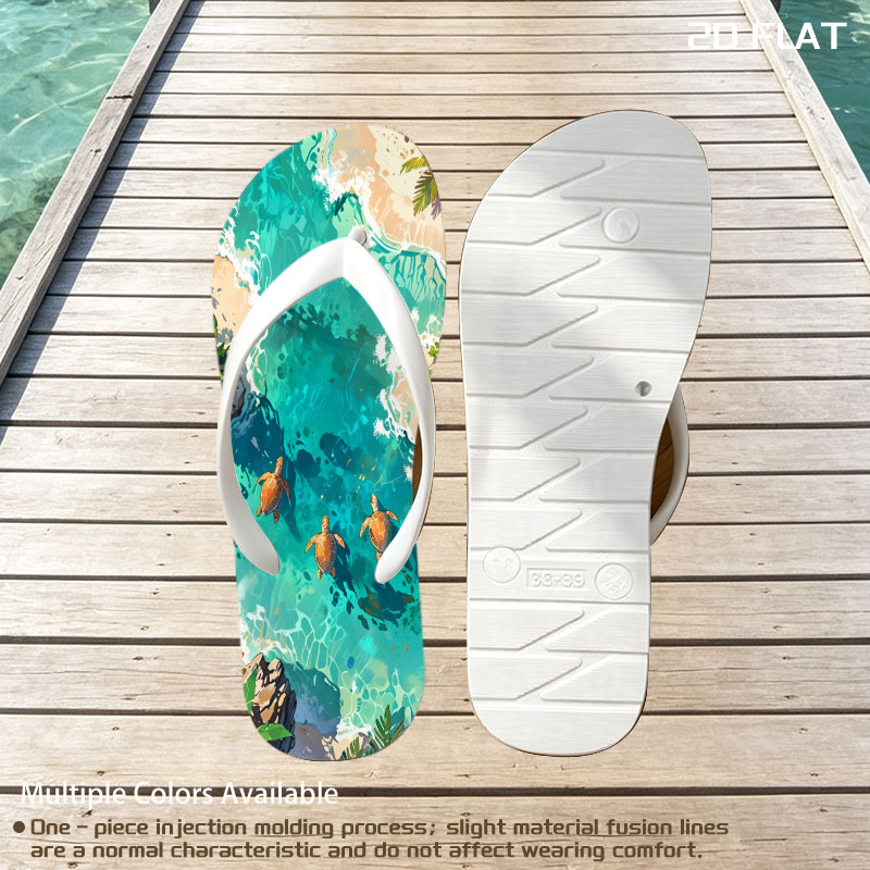 Turtles swimming in crystal-clear tropical waters near sandy shores and palm trees. -  flip-flops