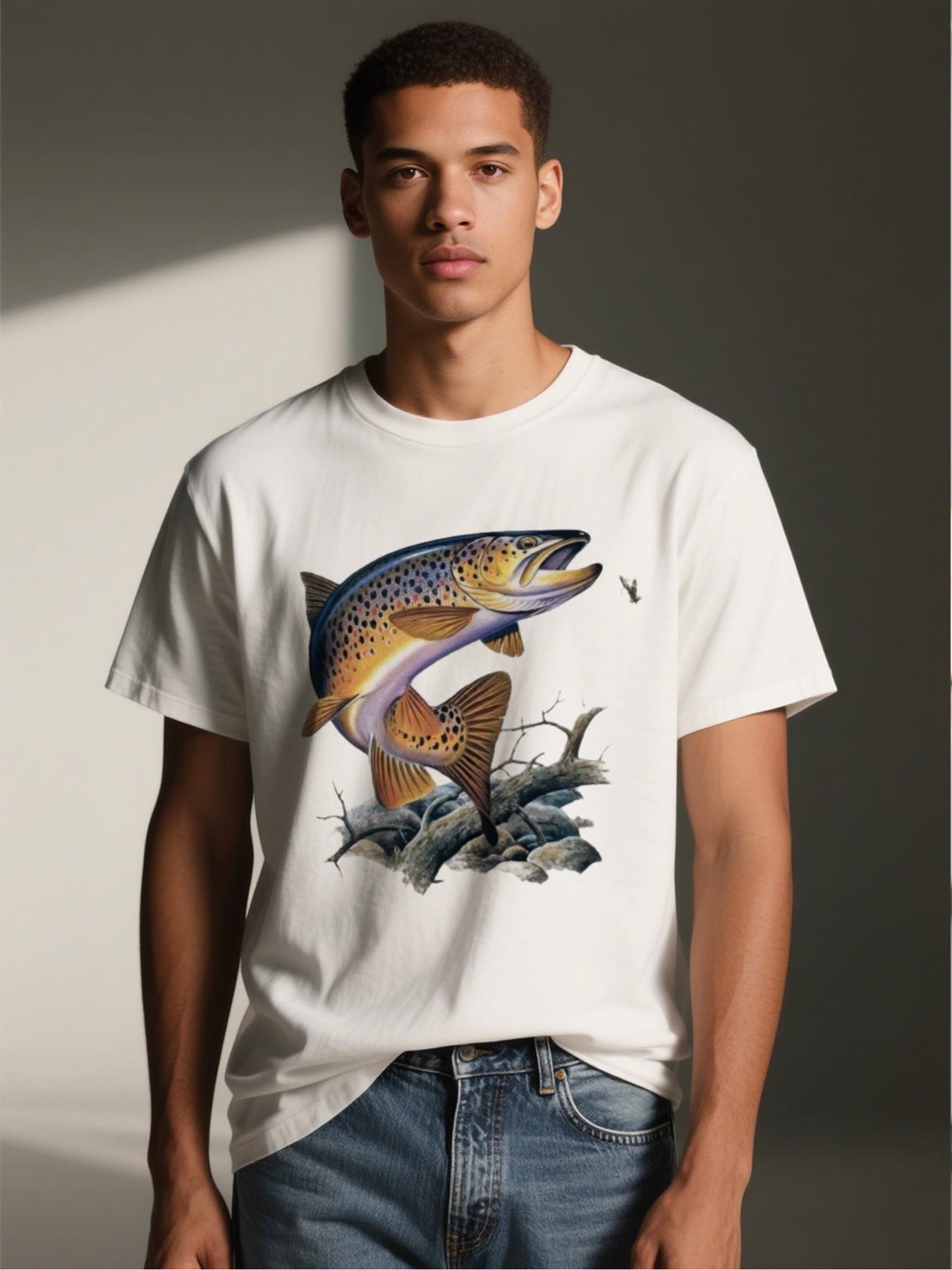 Men's Trout Fishing Print T-Shirt Featuring Realistic Brown Trout Design, Casual Round Neck Lightweight Breathable Summer Short Sleeve Tee for Outdoor Fishing Enthusiasts and Nature Lovers
