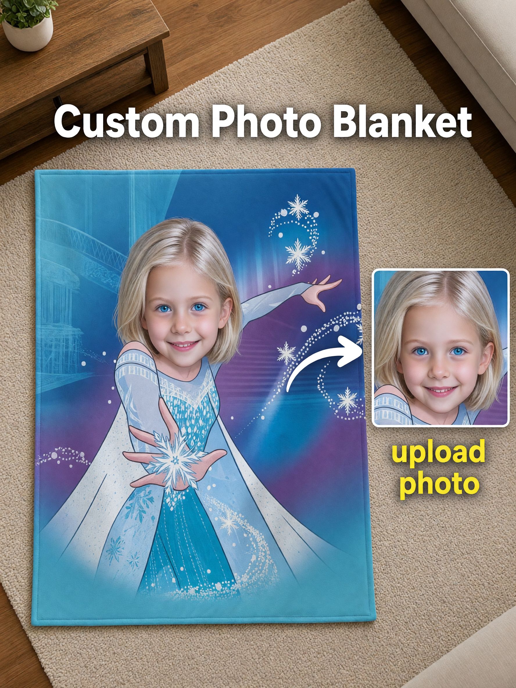 Personalized Face Photo Blanket Custom Ice Princess Flannel Throw Soft Warm Fleece Bed Couch Gift for Girls