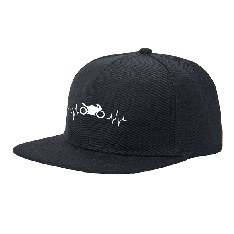 Flat Brim Baseball Cap Motorcycle Heartbeat Print Streetwear Underground Skate Style for Bike Riders and Urban Explorers in City Streets and Racing Tracks
