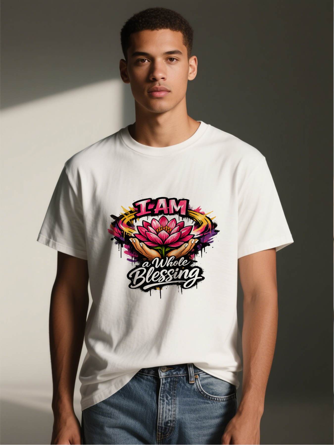 Men's Printed T-Shirt I AM a Whole Blessing Lotus Flower Design Casual Round Neck Summer Lightweight Breathable Short Sleeve T-Shirt for Yoga, Meditation, Everyday Wear, Spiritual Lifestyle Men