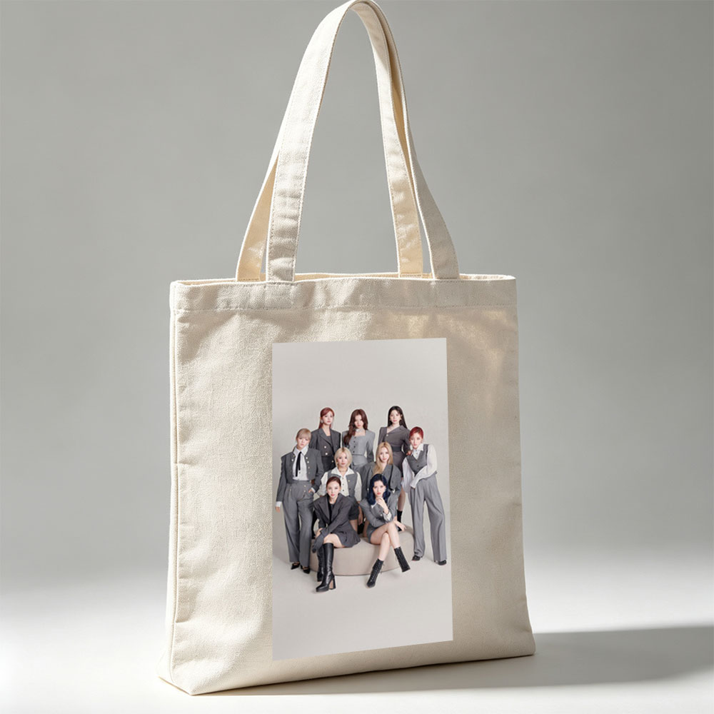 Twice Group in Stylish Gray Suits Posed on a Minimalist Set - Canvas tote bags