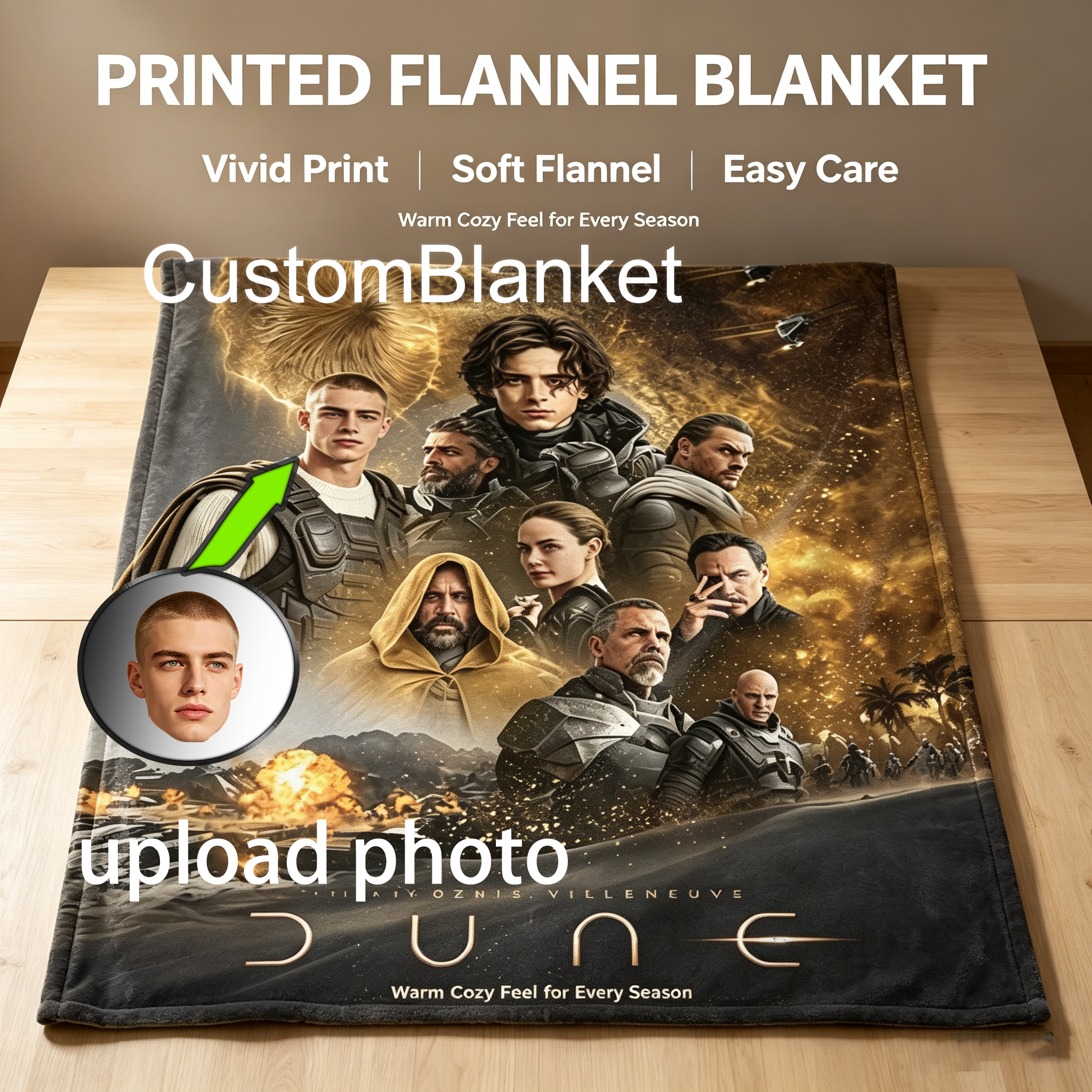 Custom Face Blanket Dune Movie Character Flannel Blanket Perfect for Fans of Sci-Fi Films Cozy Home Decor Gift or Giveaway