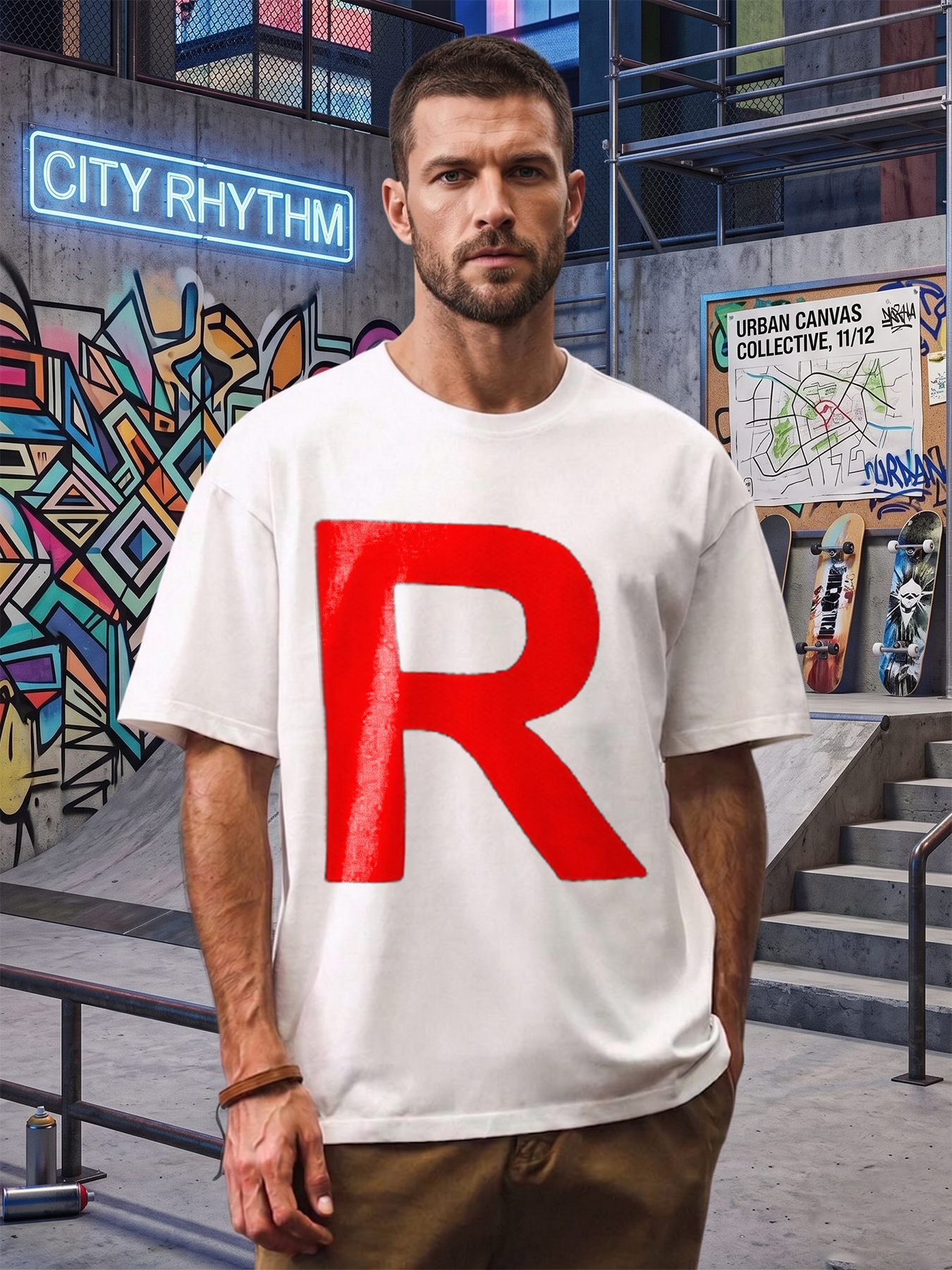 Men's Printed T-Shirt with Bold Red R Letter Design Casual Round Neck Lightweight Breathable Summer Short Sleeve T-Shirt for Everyday Wear and Outdoor Activities Adults