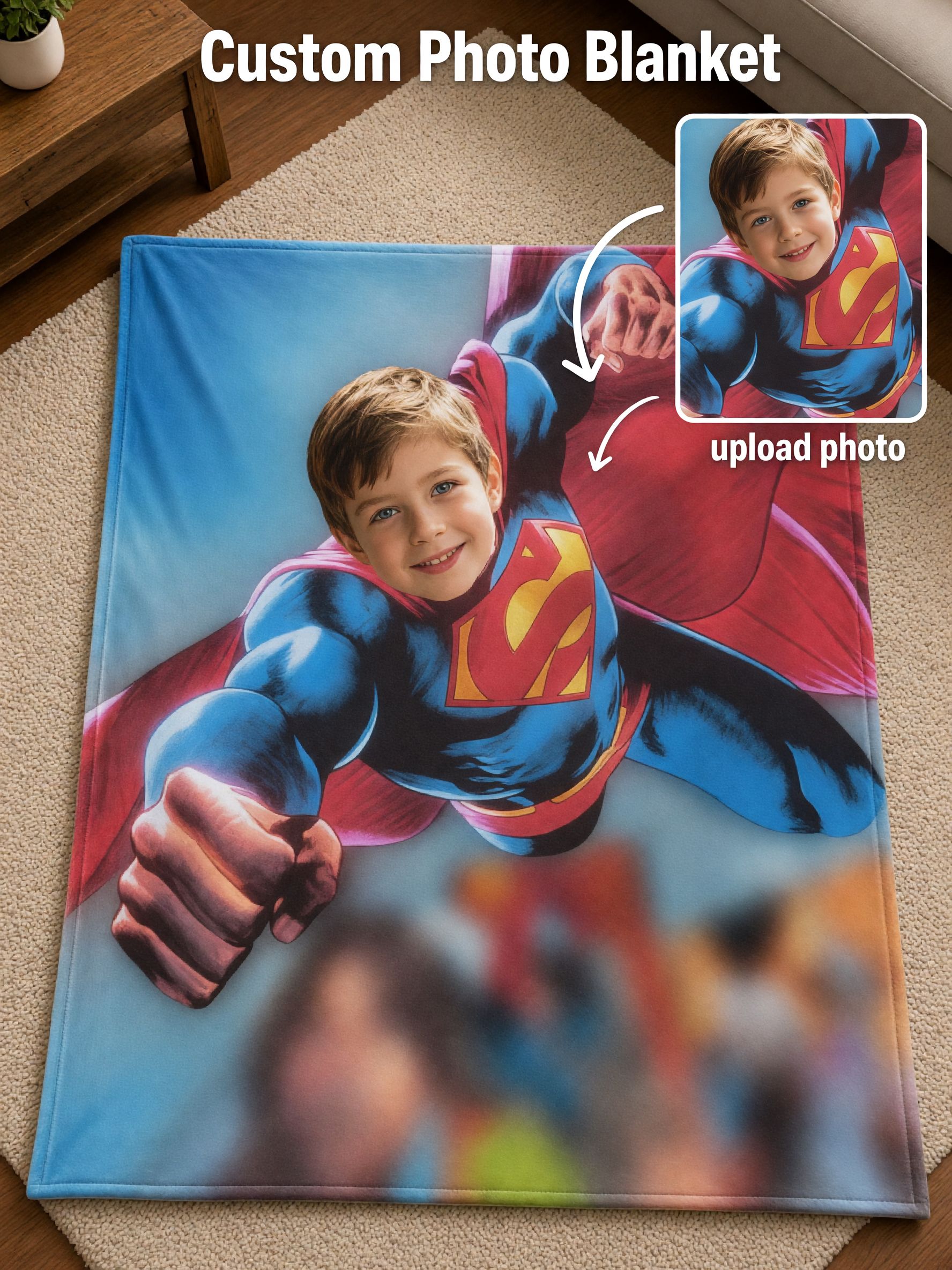 Custom Face Photo Superhero Blanket, Personalized Ultra Soft Flannel Throw for Kids, Cozy Bed Couch Gift