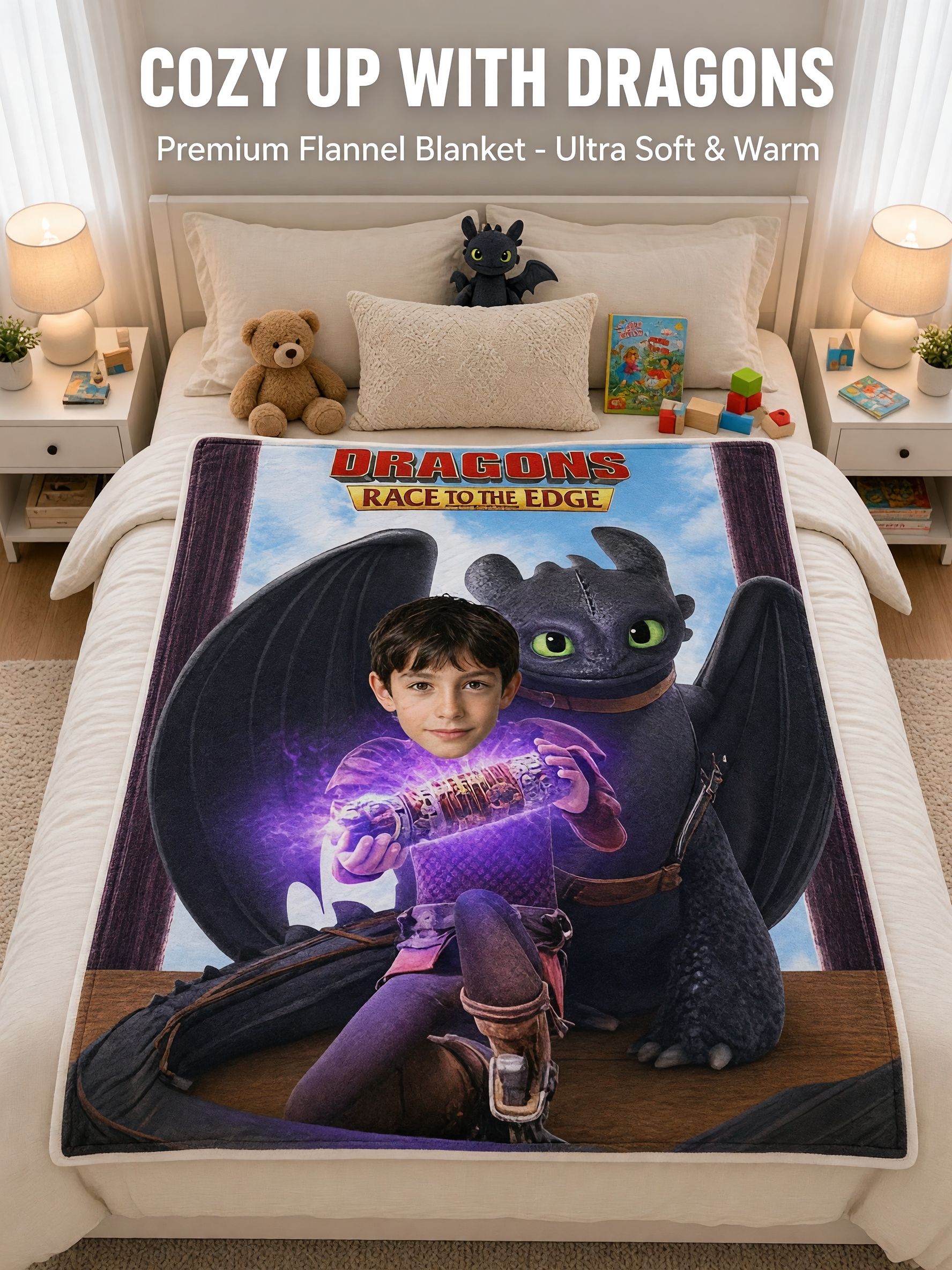 Custom Face Photo Dragon Flannel Blanket, Personalized Plush Fleece Throw for Kids and Movie Fans, Ideal Cozy Gift