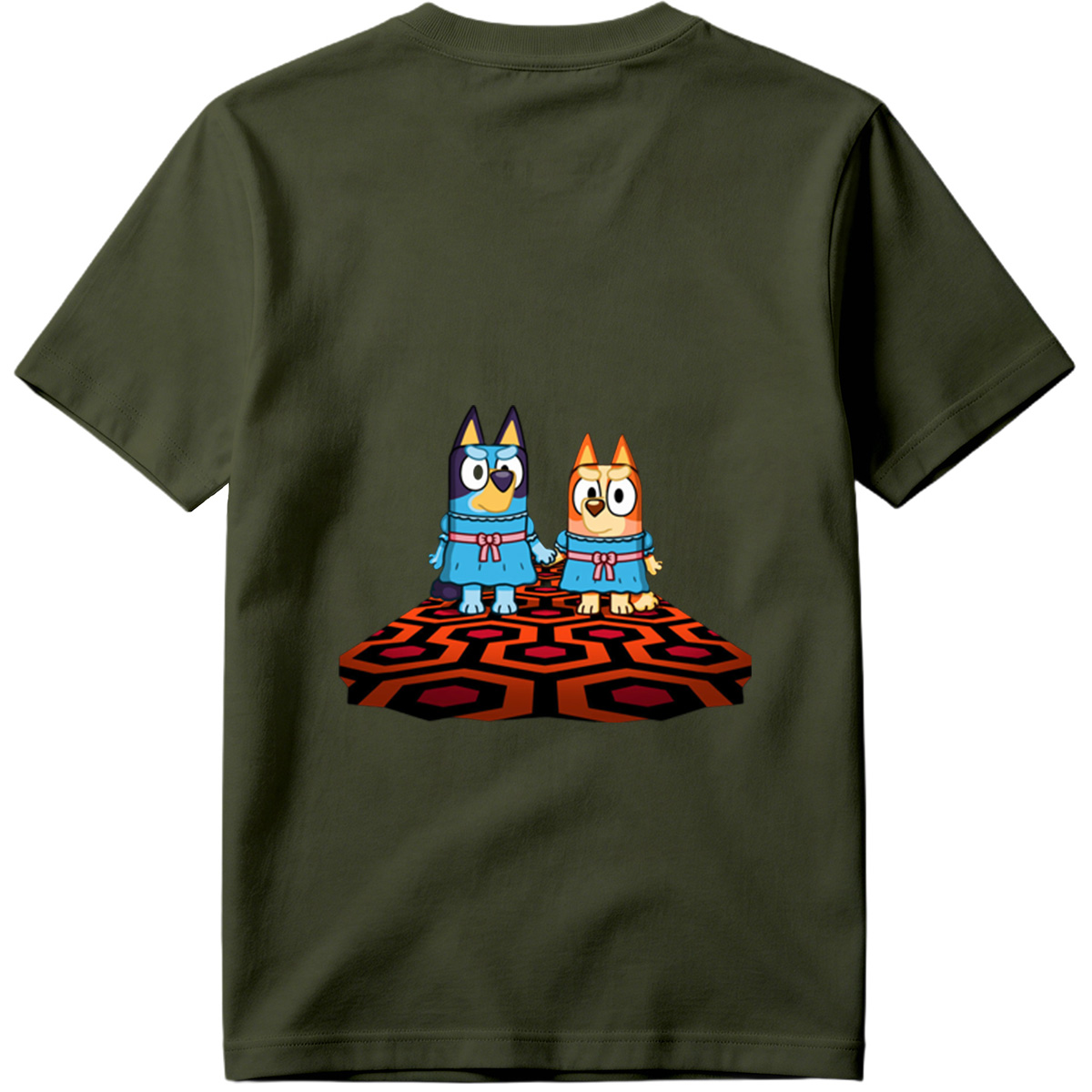 Bluey and Bingo in Matching Dresses on a Patterned Rug - Tee