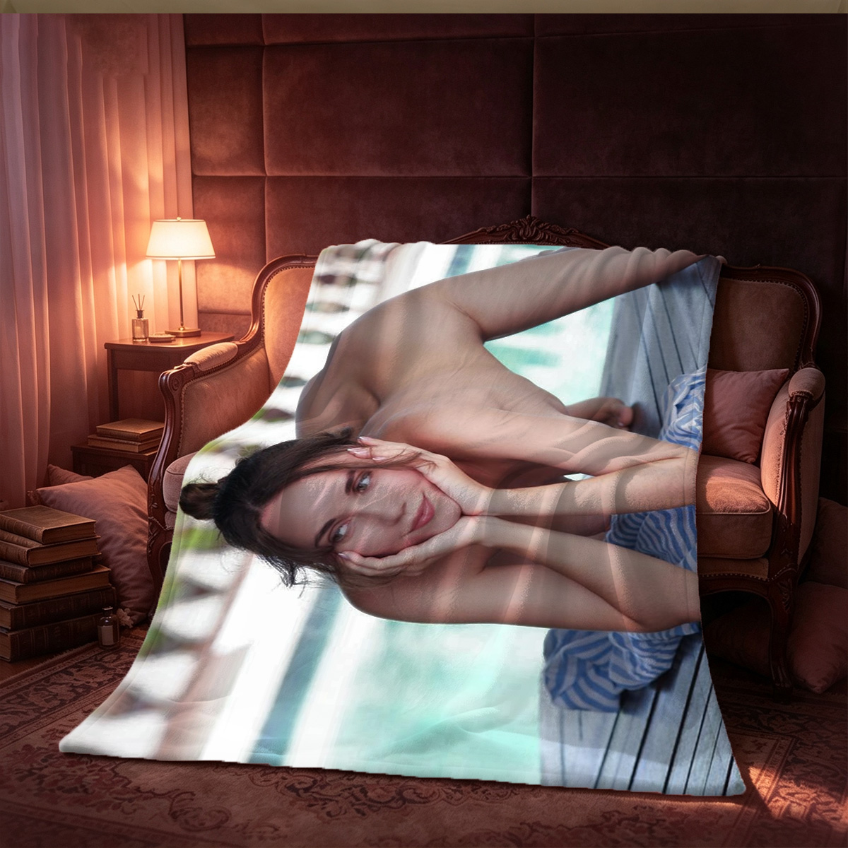 A woman with long black braided hair in a black micro bikini, posing in a bathtub. - Blanket