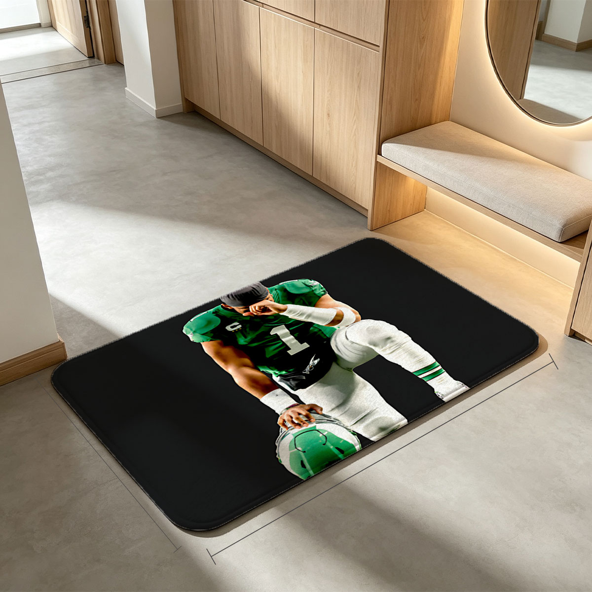 Quarterback in Green Jersey with Number 1, Holding Helmet, Kneeling Pose - Flannel floor mat