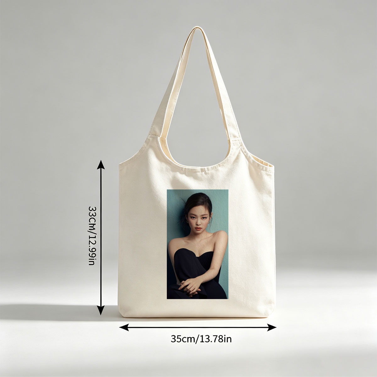Jennie Kim in Elegant Black Strapless Dress Against Teal Background - Canvas shoulder bags/