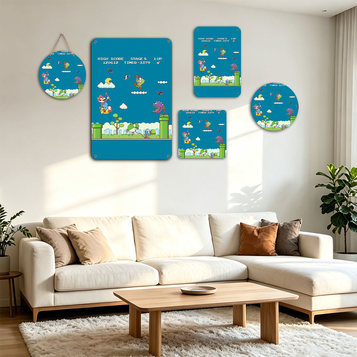 Mario, Yoshi, and Koopa in a vibrant platformer scene with high score and stage details - painting