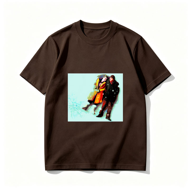 Couple in Winter Coats Walking in Snowy Scene - Tee