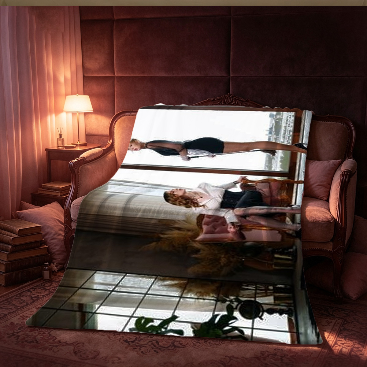 A woman in a white shirt lying seductively on a bed. - Blanket