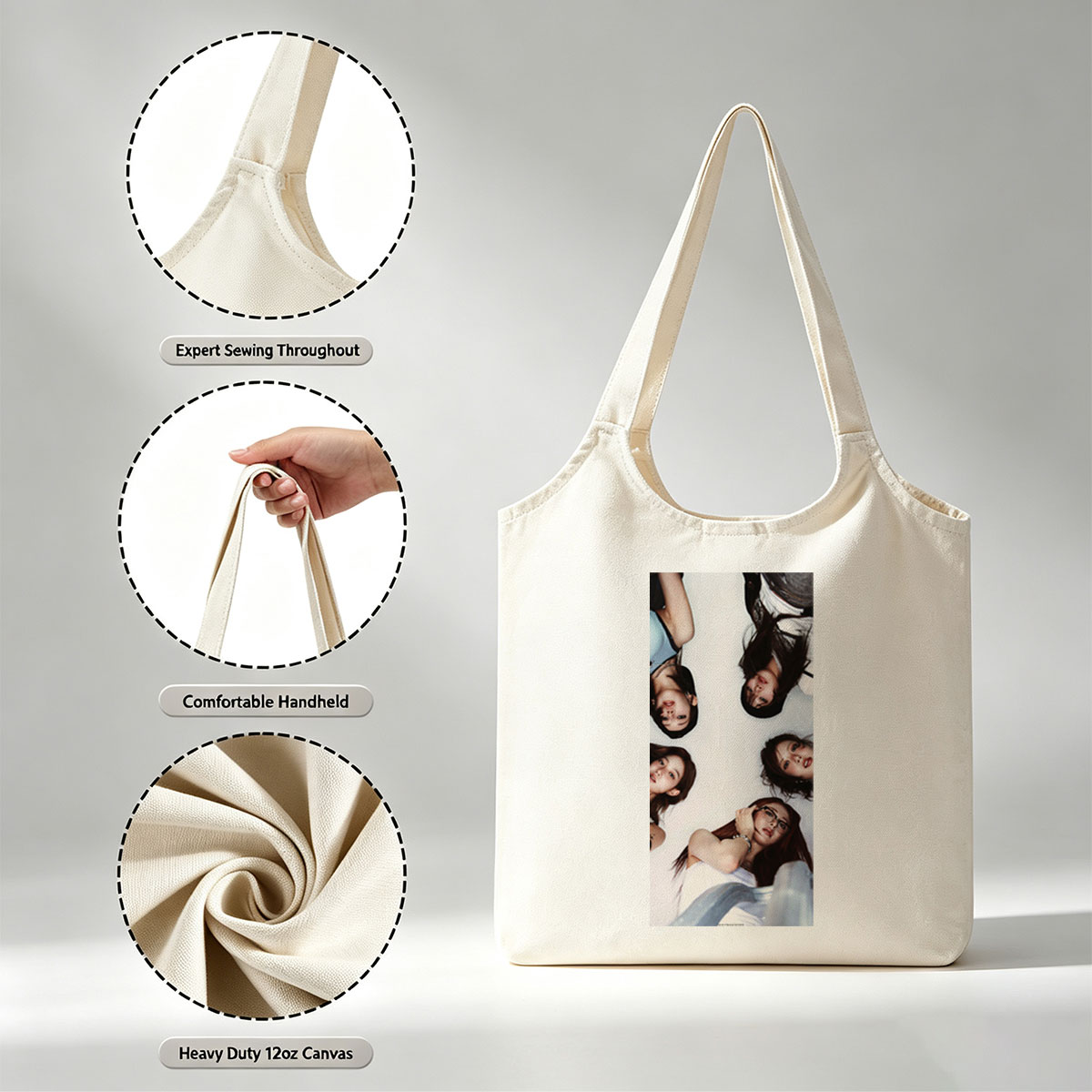 NewJeans Members Lying in a Circle on White Background with Expressive Poses and Fashionable Outfits - Canvas shoulder bags/