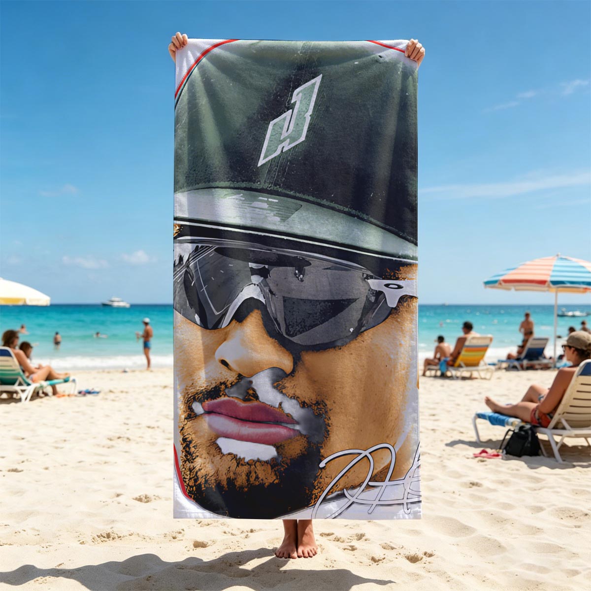 Derek Jeter in Green Cap and Sunglasses with Signature - Beach towels