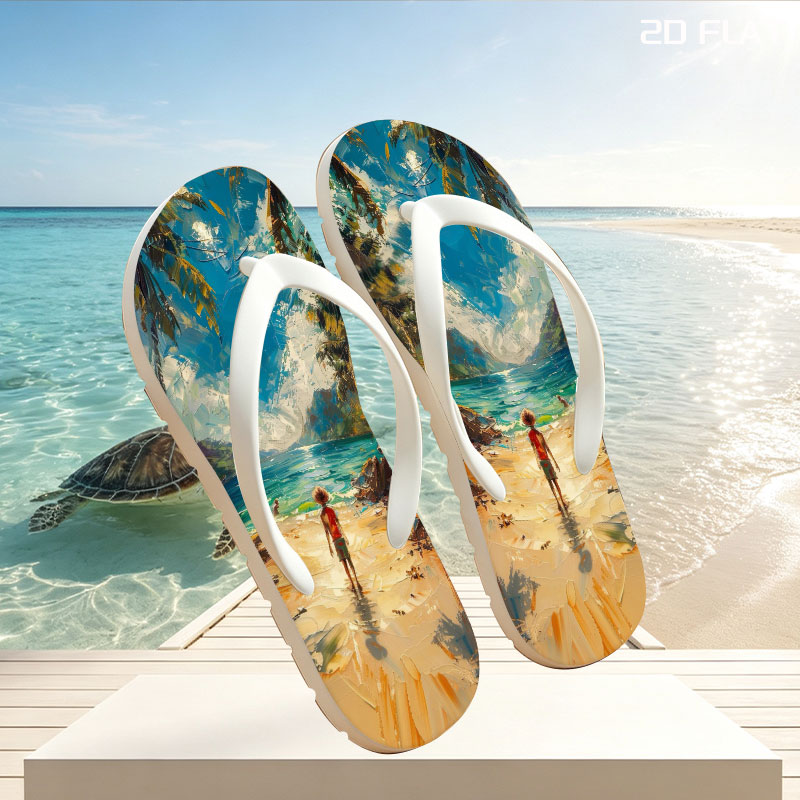 A woman walks on a tropical beach, framed by palm trees and turquoise waters under a vibrant sky. -  flip-flops