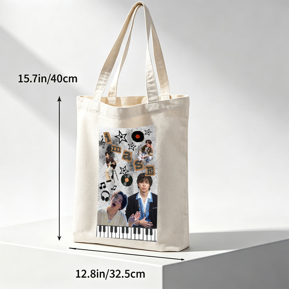 Imase Band Members in Music-Themed Collage with Guitar, Piano Keys, and Vinyl Records - Canvas tote bags
