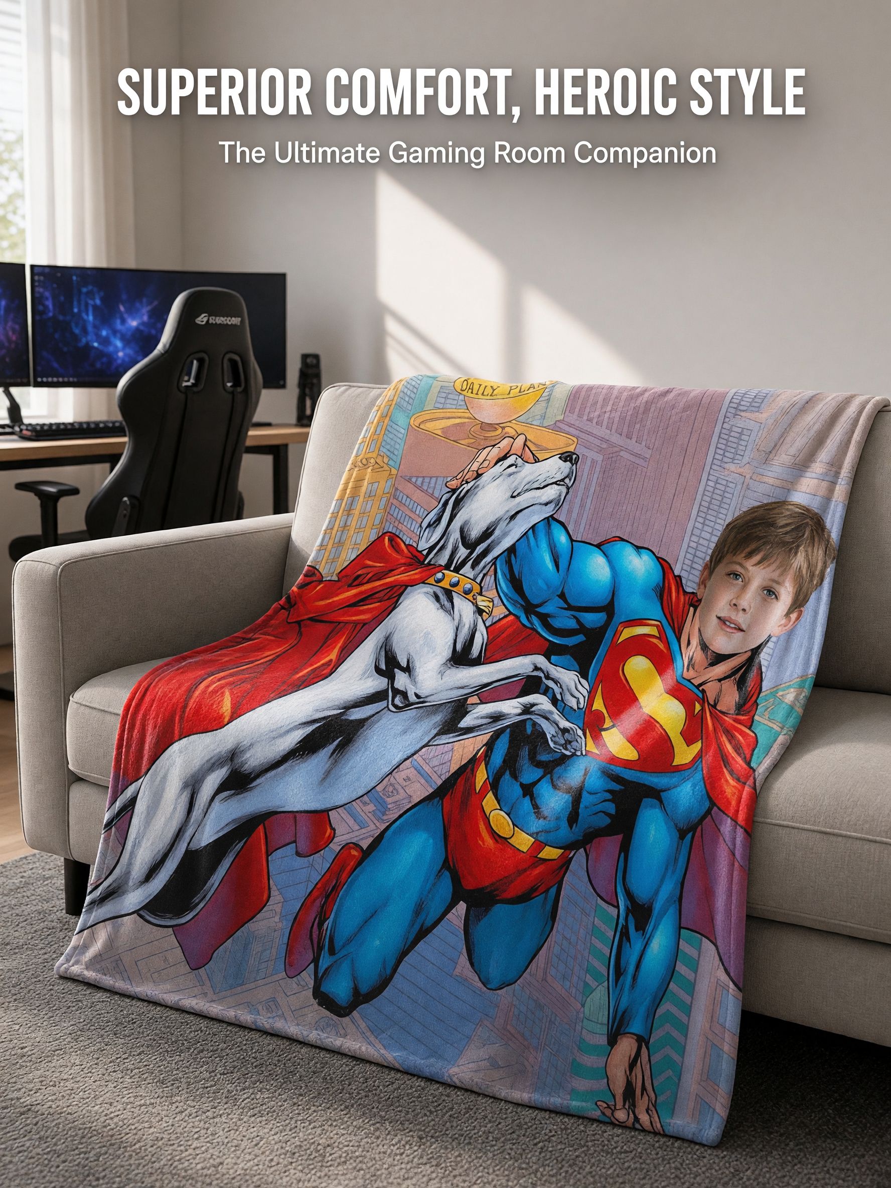 Custom Face Superhero Flannel Throw Blanket, Personalized Comic Hero Plush Fleece Bed Couch Cover, Ideal Birthday Gift