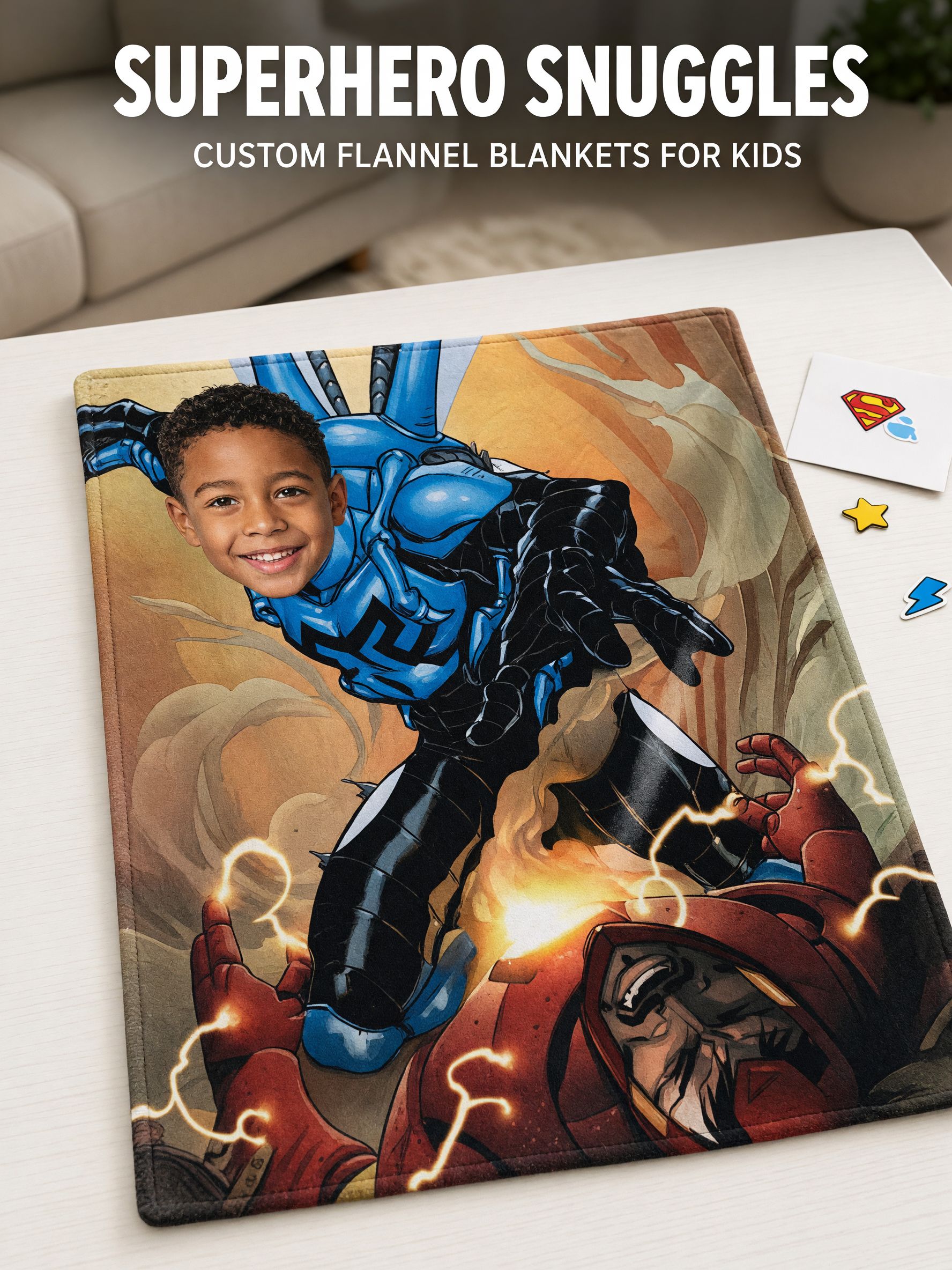 Custom Face Photo Superhero Flannel Blanket Ultra Soft Personalized Comic Throw Fleece Bedding for Kids and Adults