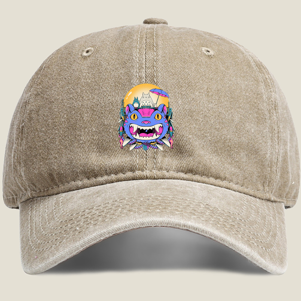 Totoro and Cheshire Cat in Space Adventure - Washed Denim - Baseball Cap