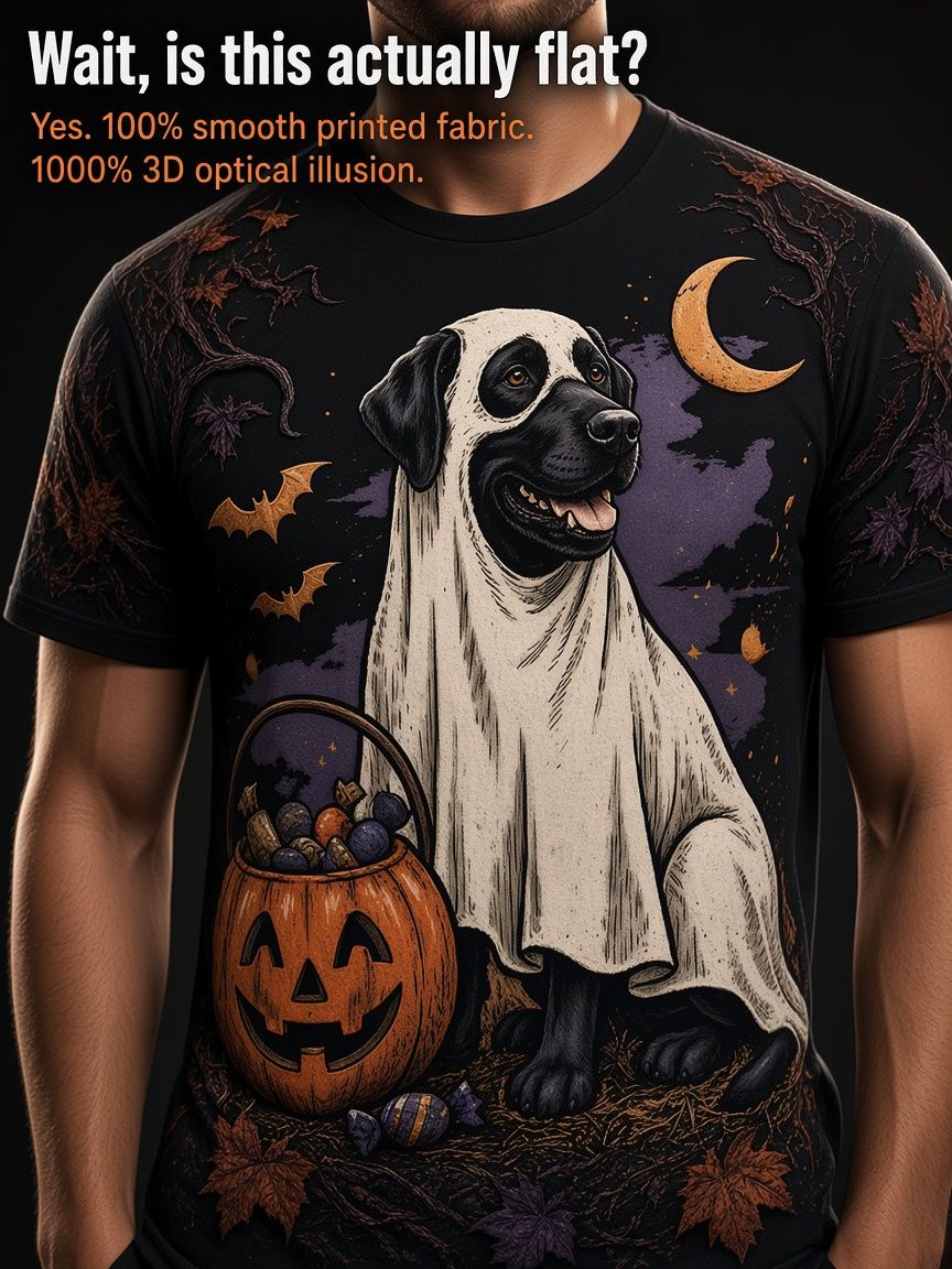Halloween Ghost Dog 3D Optical Illusion Graphic Tee Breathable Athletic Mesh T-Shirt Casual And Sports Wear