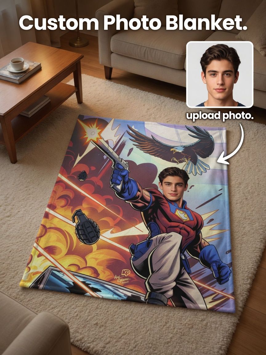 Custom Face Superhero Flannel Blanket, Personalized Photo Comic Book Throw for Sofa Bed, Cozy Gift for Family Friends