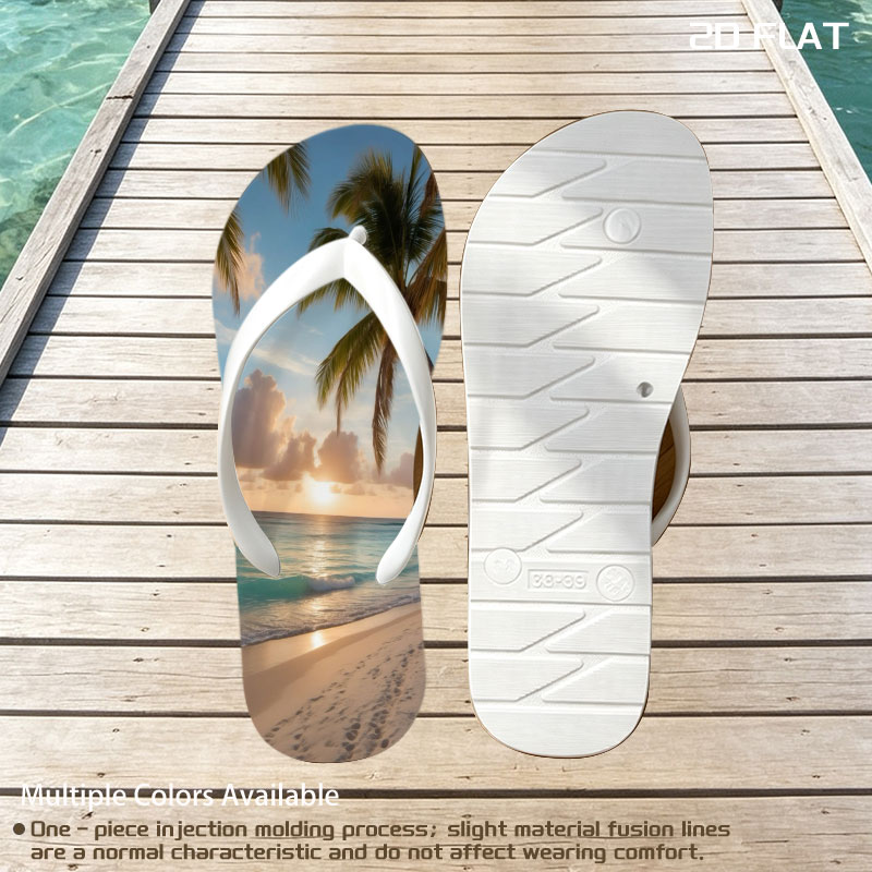Sunset on a tropical beach with palm trees and calm ocean waves. -  flip-flops