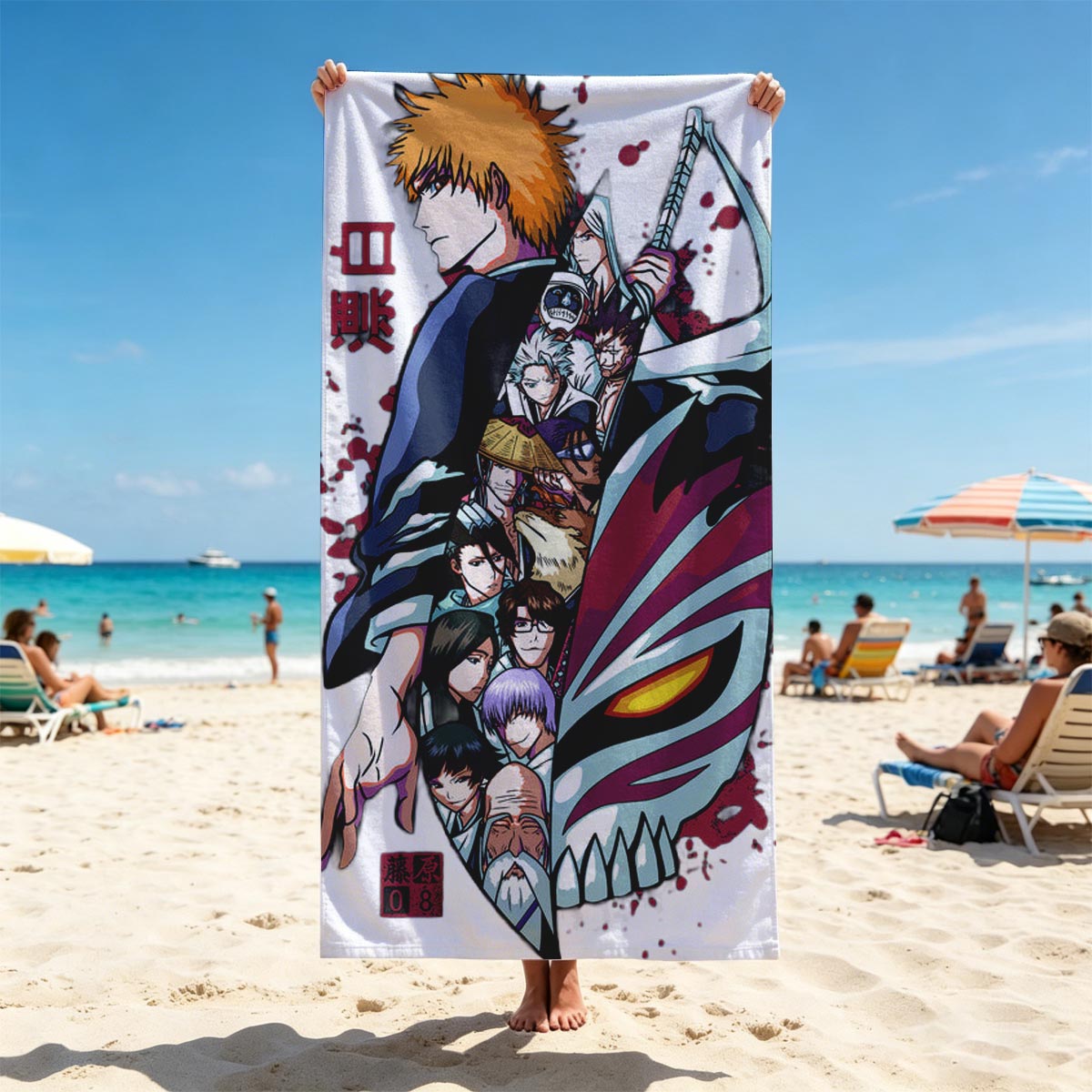Bleach Characters: Ichigo Kurosaki, Rukia Kuchiki, Renji Abarai, and Others in Action Pose with Zanpakuto and Hollow Mask - Beach towels