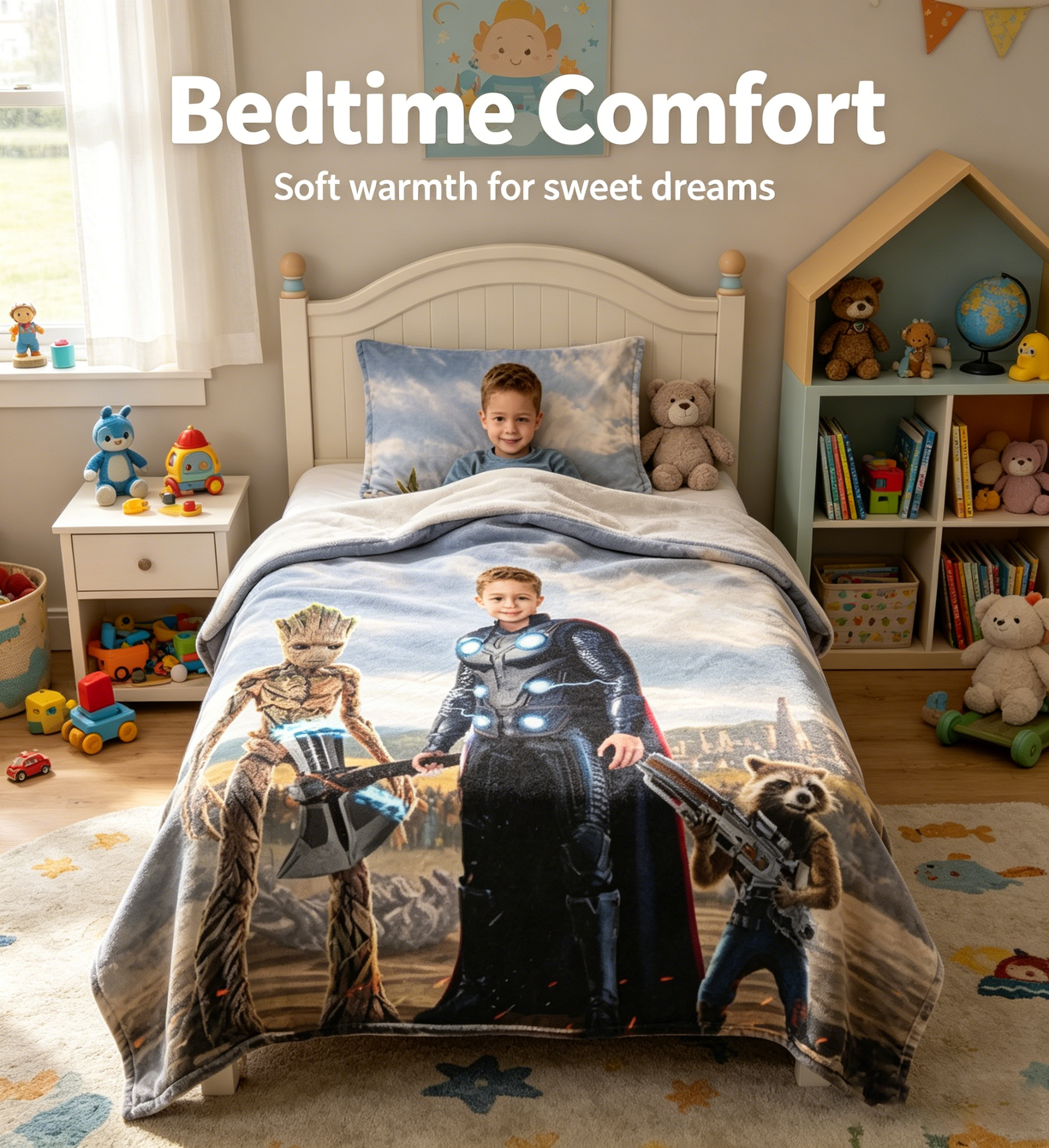 Personalized Superhero Kids Blanket - Custom Face Soft Plush Throw