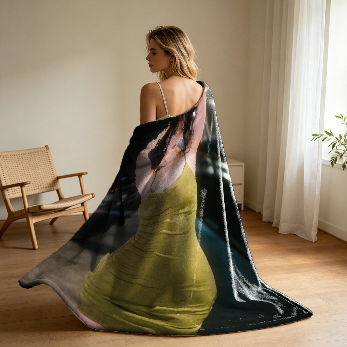 Nude in Yellow Lace Robe Eating Grapes by Window - Blanket