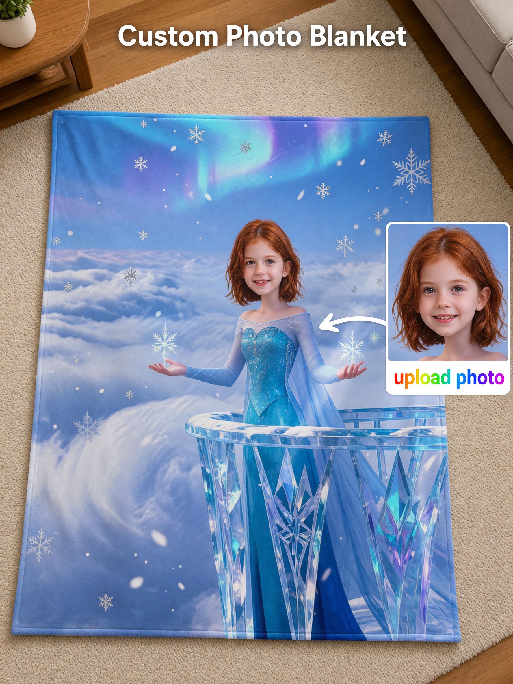 Custom Face Photo Ice Princess Blanket, Personalized Flannel Throw, Ultra Soft Fleece Bed Couch Decor, Unique Gift