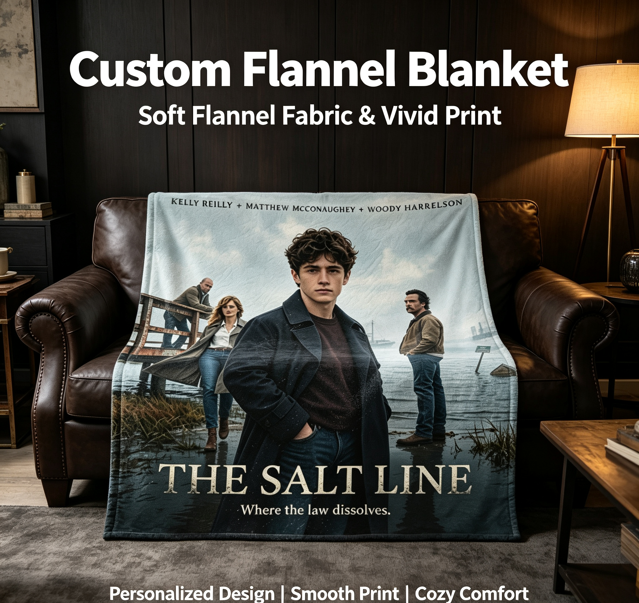 Custom Face Blanket The Salt Line Movie Poster Flannel Blanket Perfect for Fans of Kelly Reilly Matthew McConaughey and Woody Harrelson Ideal for Home Decor or Gift Giving