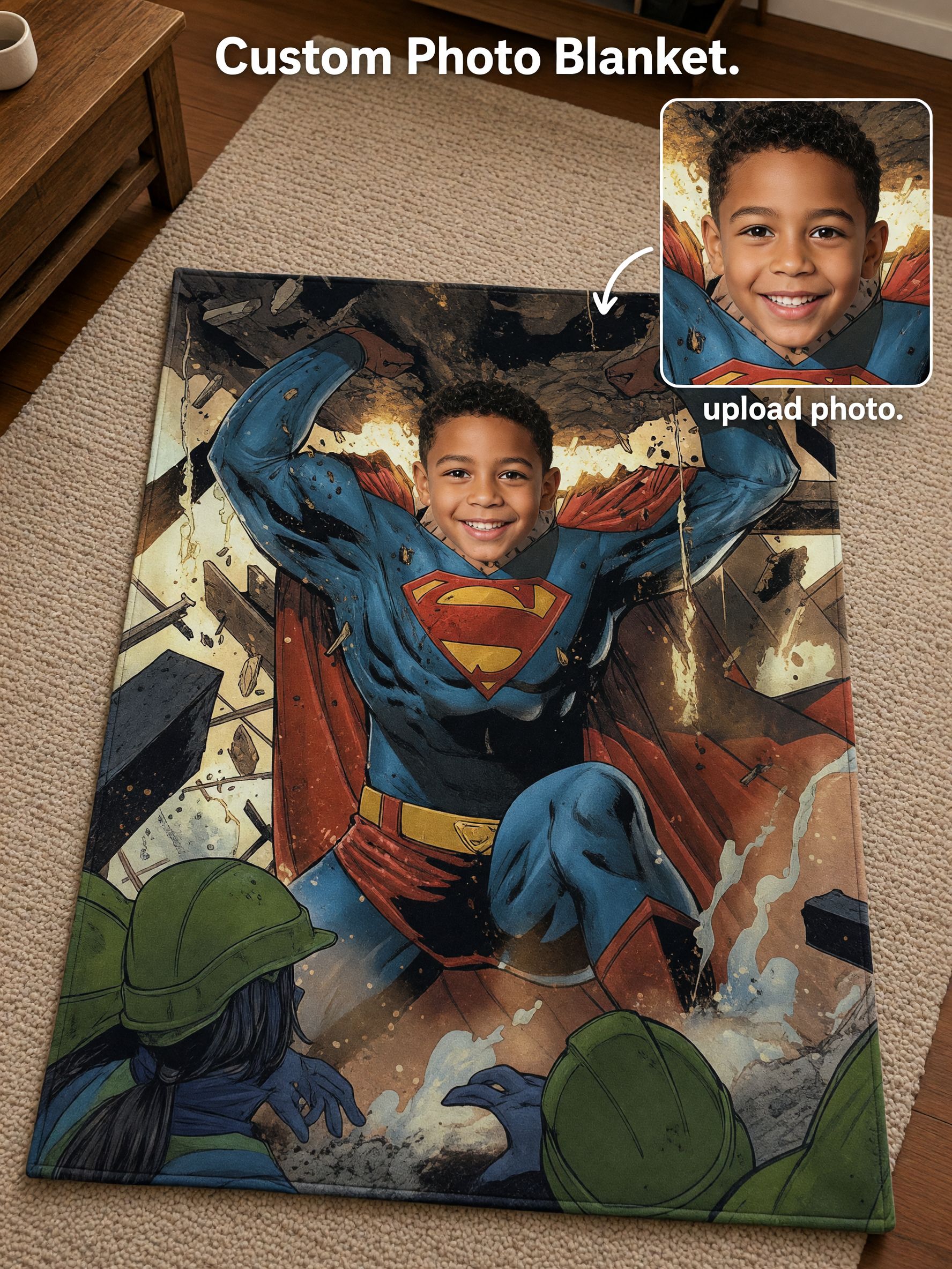 Custom Photo Face Superhero Fleece Blanket Personalized Portrait Comic Throw Plush Soft Cozy Flannel Bedding Couch Gift