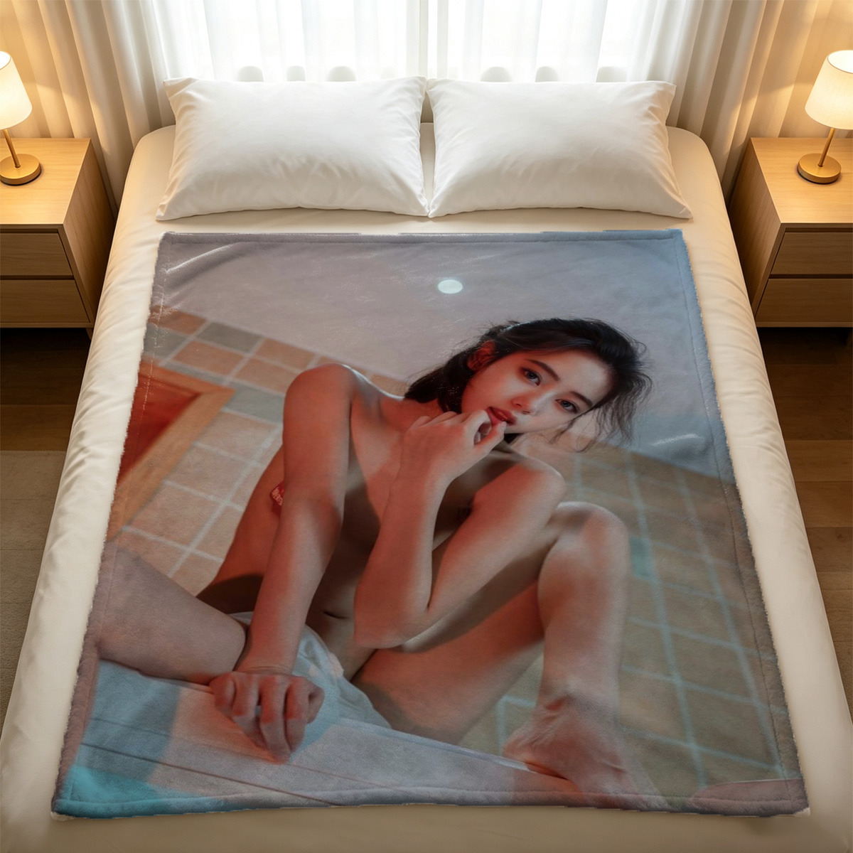 Two Women in Intimate Embrace, One Nude and One in White Lace Lingerie - Blanket
