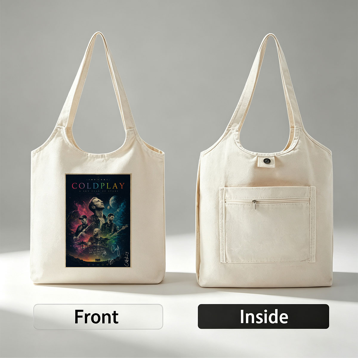 Coldplay Band in Cosmic Scene with Stars and Planets Background Poster - Canvas shoulder bags/
