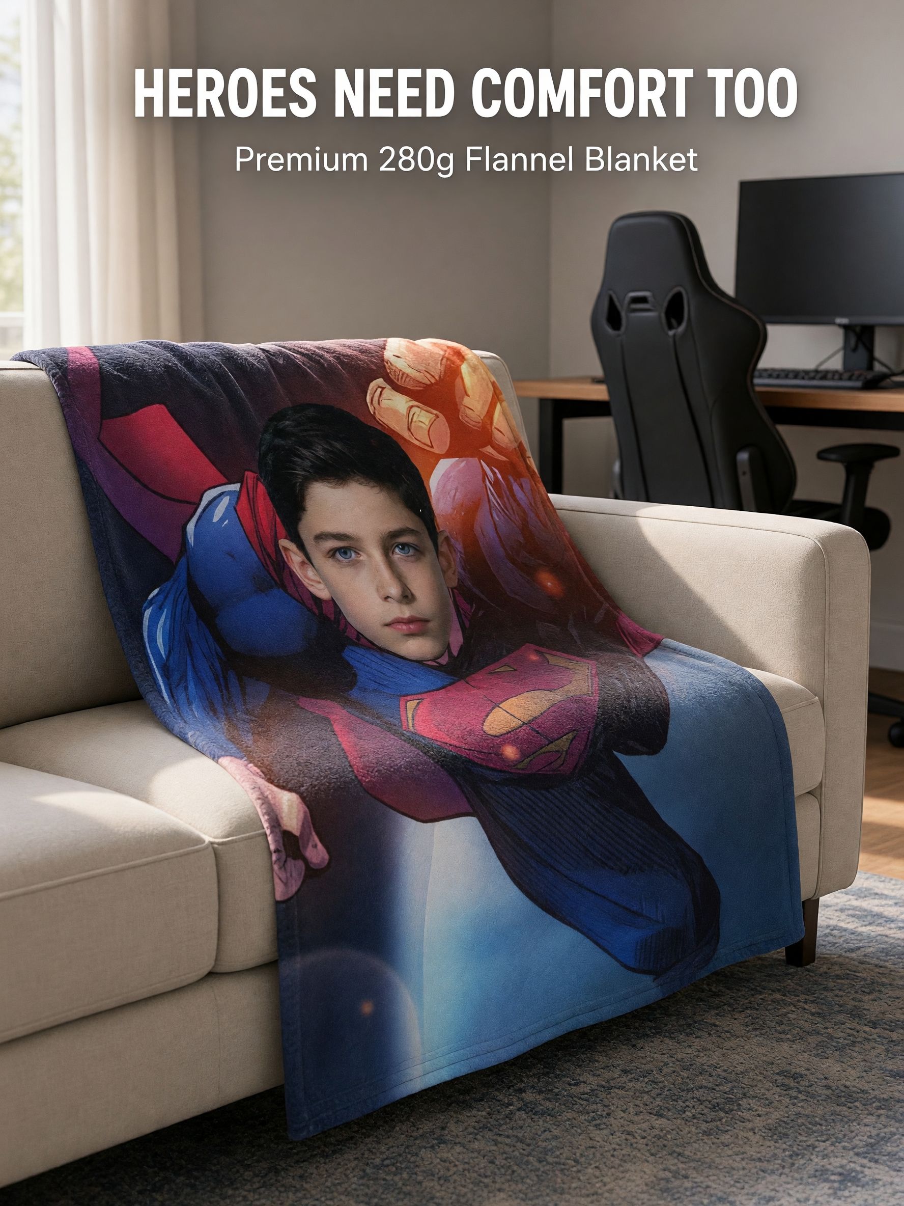 Custom Face Blanket Personalized Superhero Comic Flannel Throw Soft Warm Plush Fleece Ideal Gift for Kids and Boys