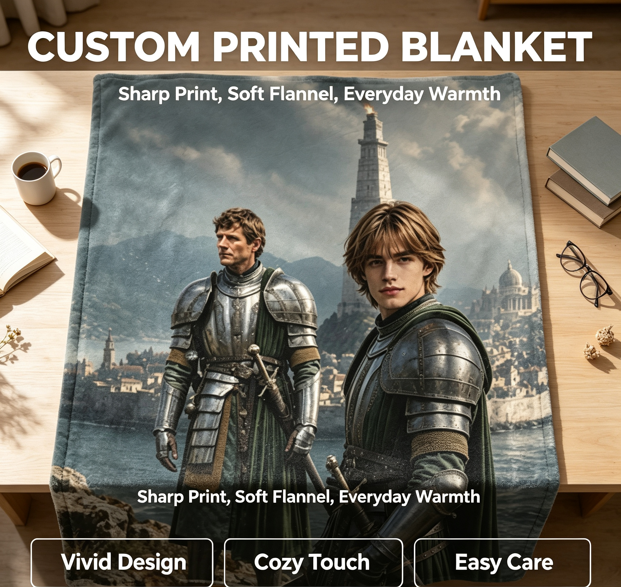 Custom Face Blanket Featuring Knights in Armor Standing on Cliffs with Medieval Cityscape Background Flannel Blanket Perfect for Couch or Bed Use Ideal Gift for Fantasy Lovers and Game of Thrones Fans