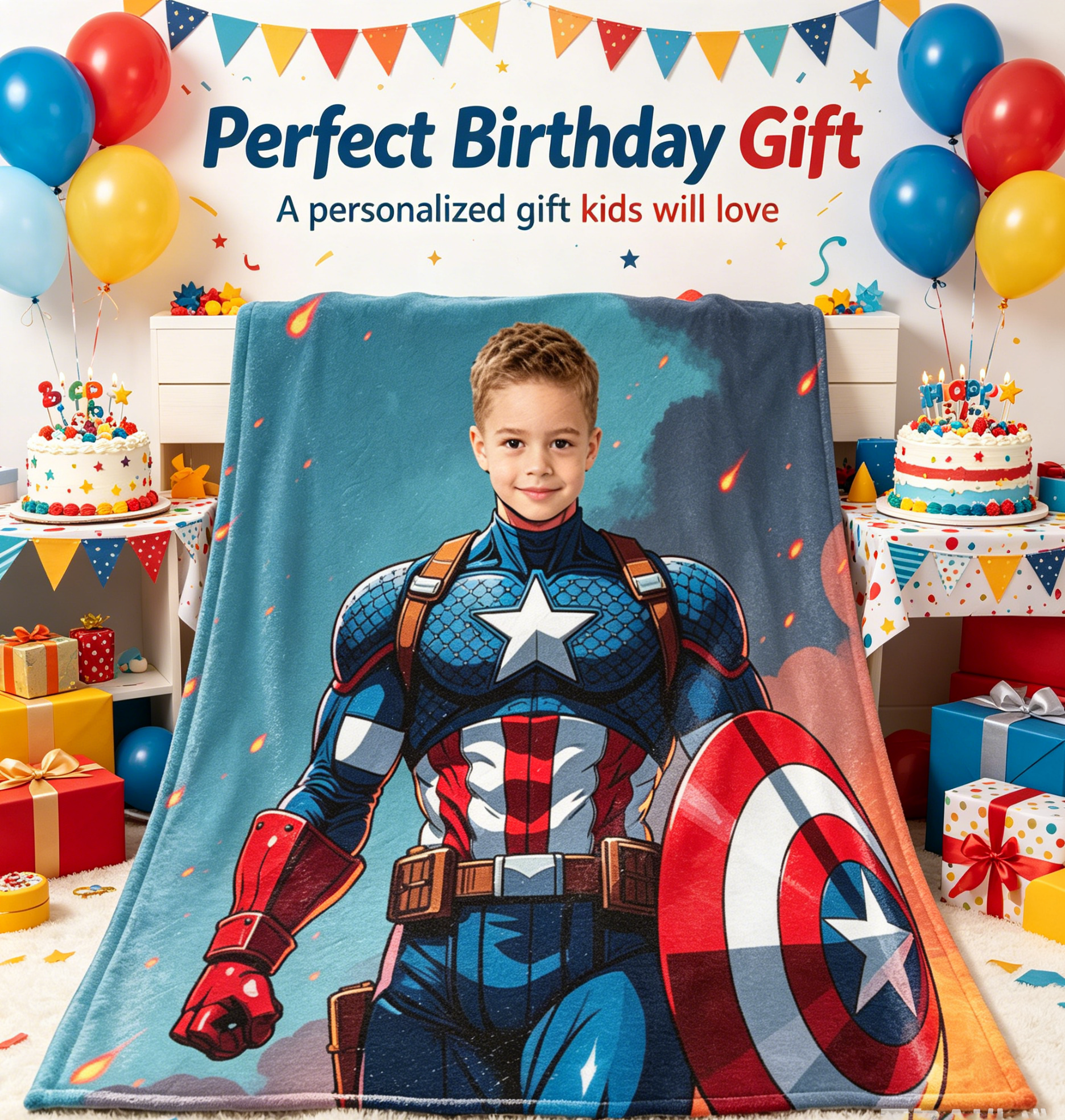 Personalized Marvel Captain America Fleece Blanket, Custom Upload Children Picture Battlefield Throw Blanket Bed Sofa Gift