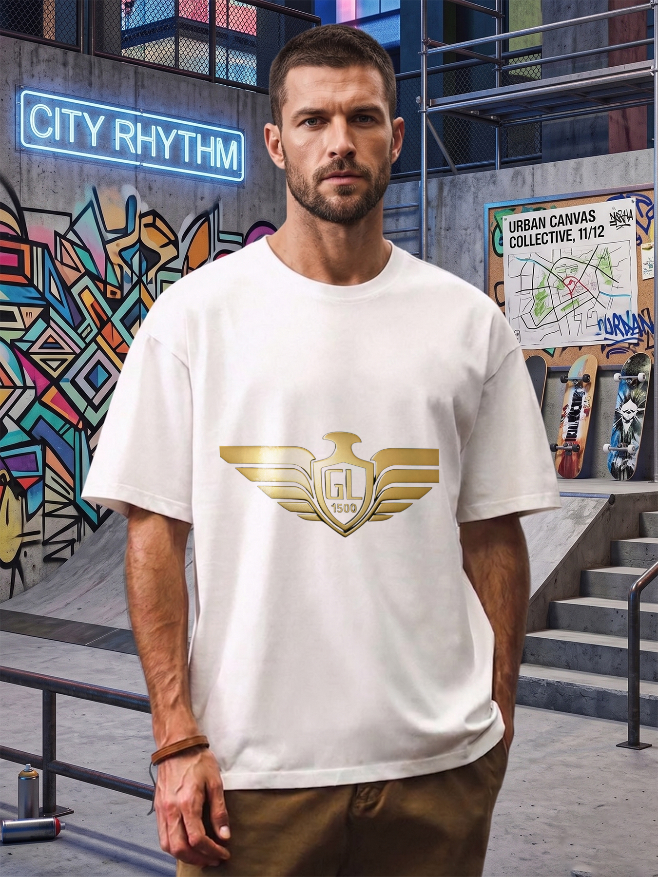 Men's Printed T-Shirt GL 1500 Wings Logo Design Casual Round Neck Summer Lightweight Breathable Short Sleeve T-Shirt for Outdoor Activities and Daily Wear Men's Fashion Apparel