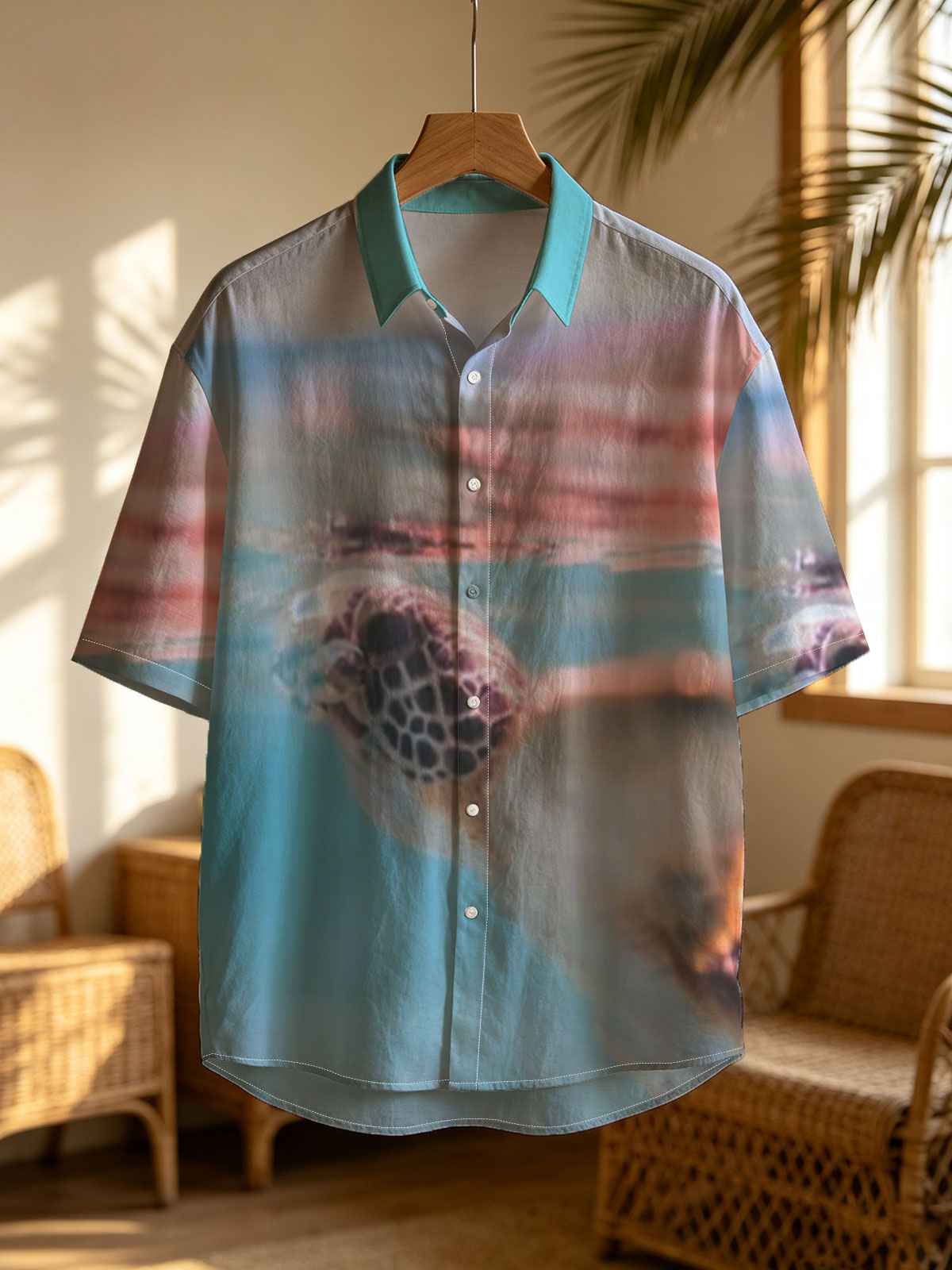 Sea turtle swimming at surface, half above water, clear blue ocean backdrop. -  Shirt