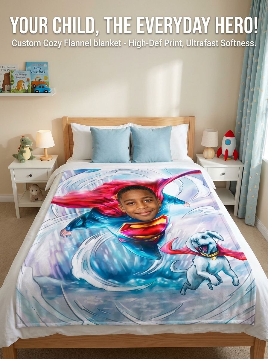 Personalized Face Photo Superhero Blanket Ultra Soft Flannel Throw for Kids Adults Custom Hero Fleece Bed Couch Gift